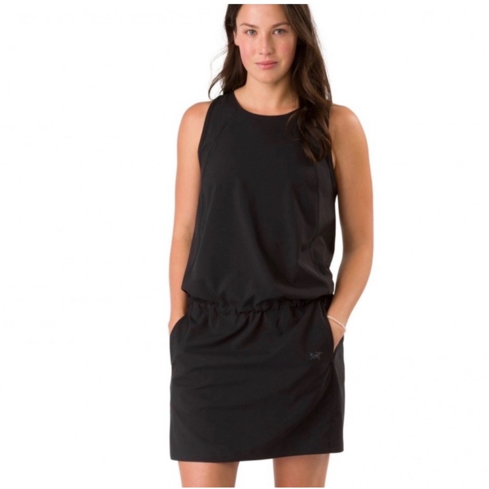 Arc'teryx Contenta Shift Dress in black lightweight cinched waist outdoor wear